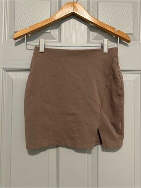 Taupe Asymmetric Mini Skirt with Side Slit